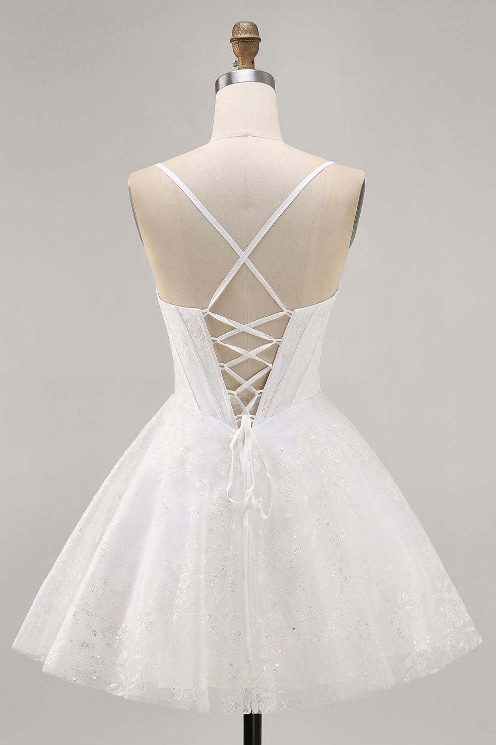 White Corset Spaghetti Straps Short A Line Homecoming Dress with Lace