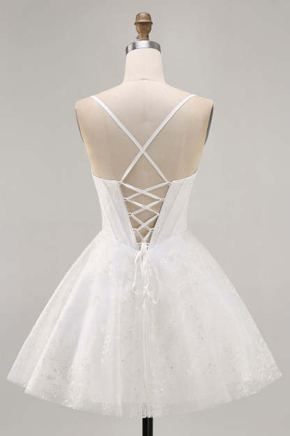 White Corset Spaghetti Straps Short A Line Homecoming Dress with Lace