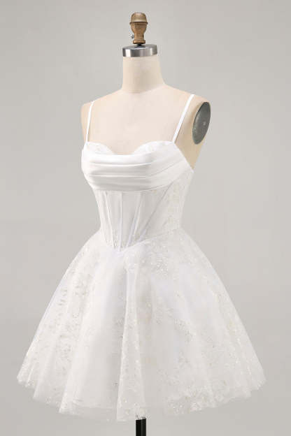 White Corset Spaghetti Straps Short A Line Homecoming Dress with Lace