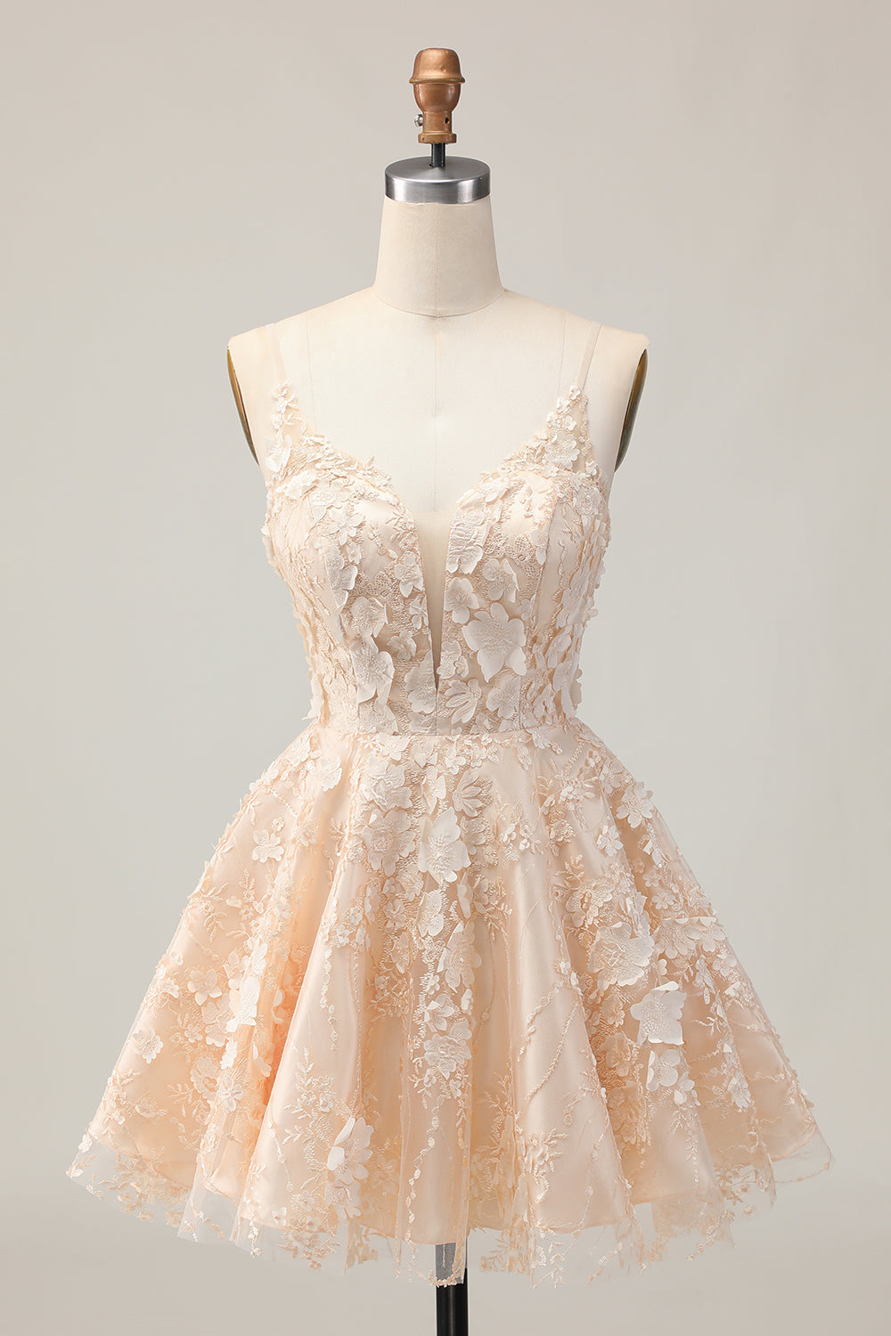 Leely Women Apricot Floral Short A Line Homecoming Dress with Appliques Spaghetti Straps Lace Up Back Cocktail Dress