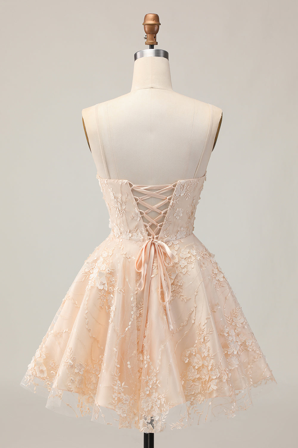 Apricot Floral A Line Spaghetti Straps Lace up Back Short Homecoming Dress