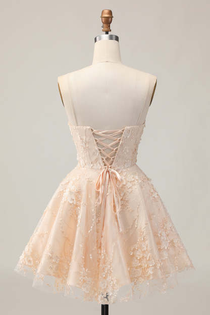 Apricot Floral A Line Spaghetti Straps Lace up Back Short Homecoming Dress