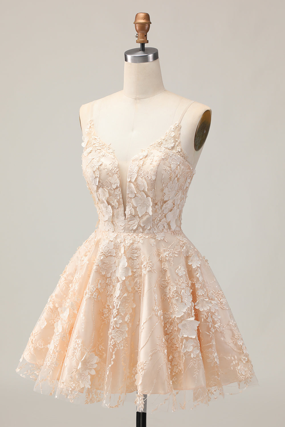 Apricot Floral A Line Spaghetti Straps Lace up Back Short Homecoming Dress