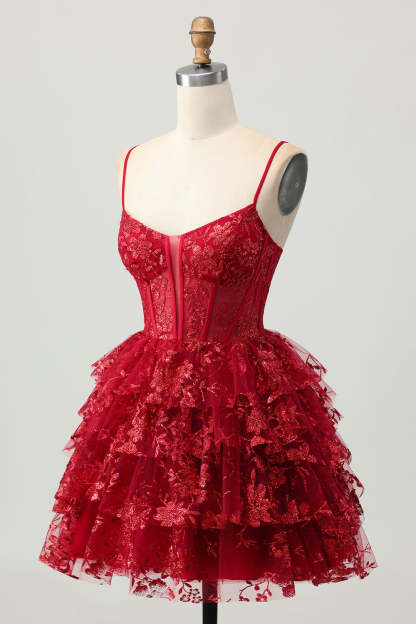Dark Red Corset Spaghetti Straps Tiered Floral Short Homecoming Dress with Ruffles