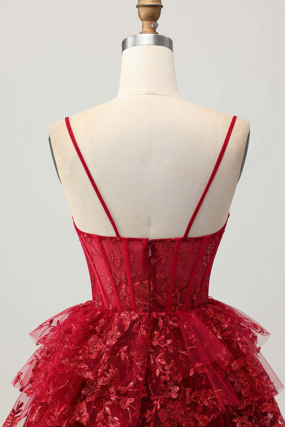 Dark Red Corset Spaghetti Straps Tiered Floral Short Homecoming Dress with Ruffles