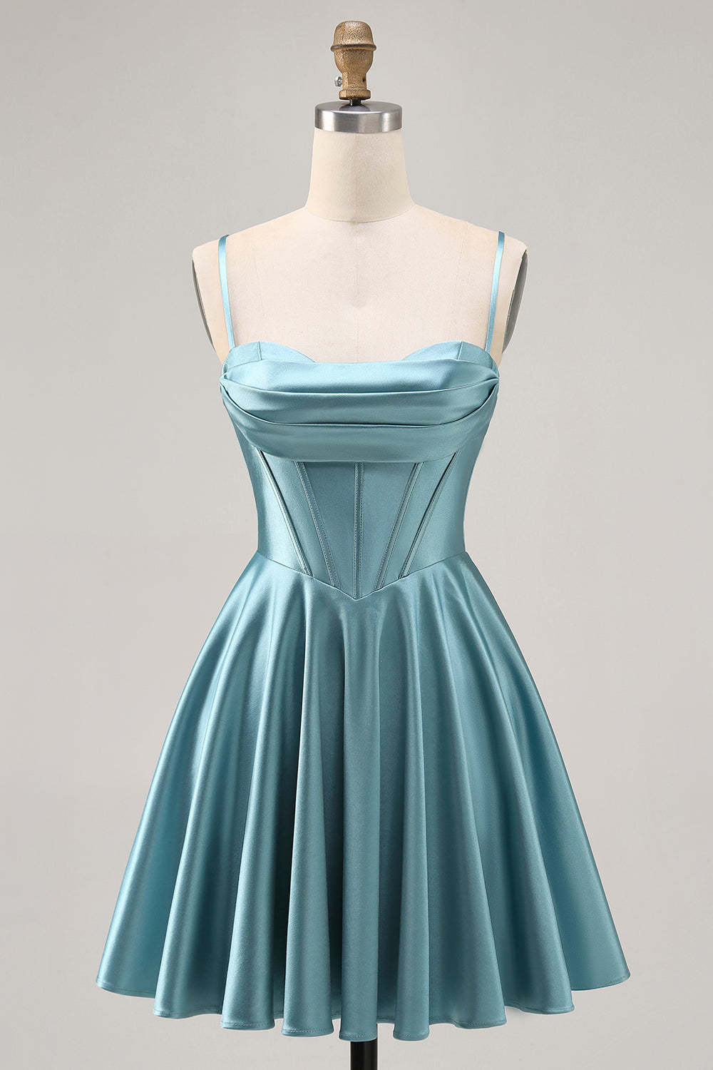 Leely Women Satin Grey Green Short Corset Homecoming Dress Ruched A Line Spaghetti Straps Lace Up Back Cocktail Dress