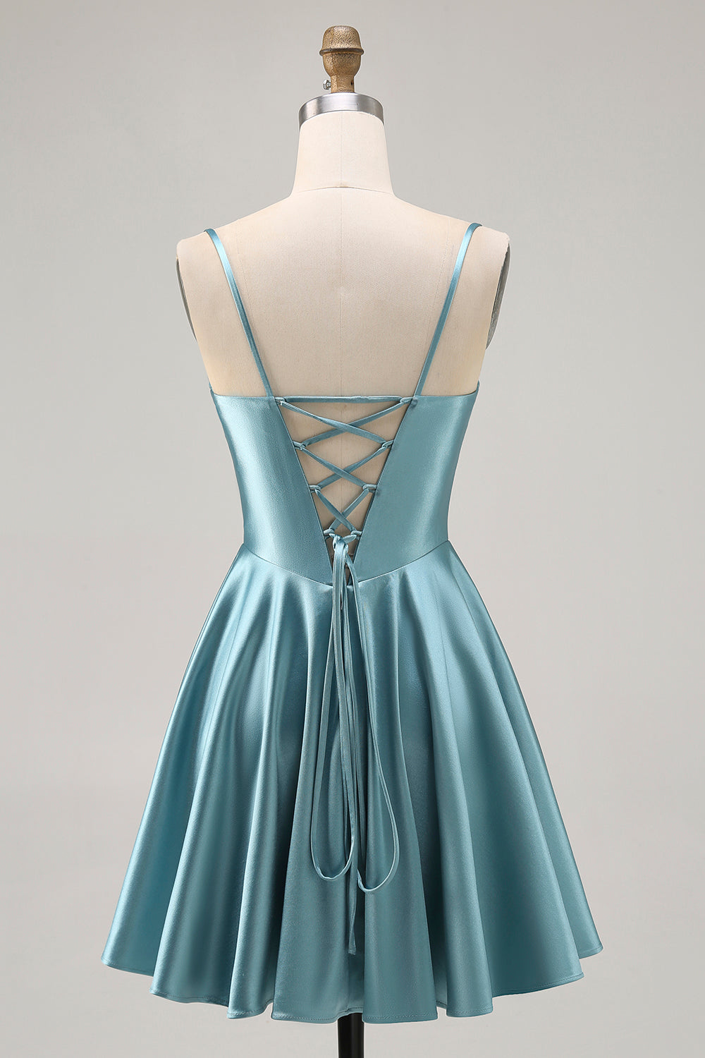 Grey Green A Line Satin Ruched A Line Short Corset Homecoming Dress