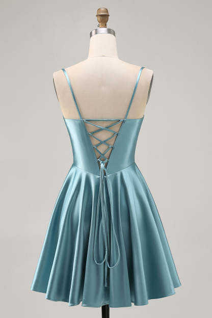 Grey Green A Line Satin Ruched A Line Short Corset Homecoming Dress