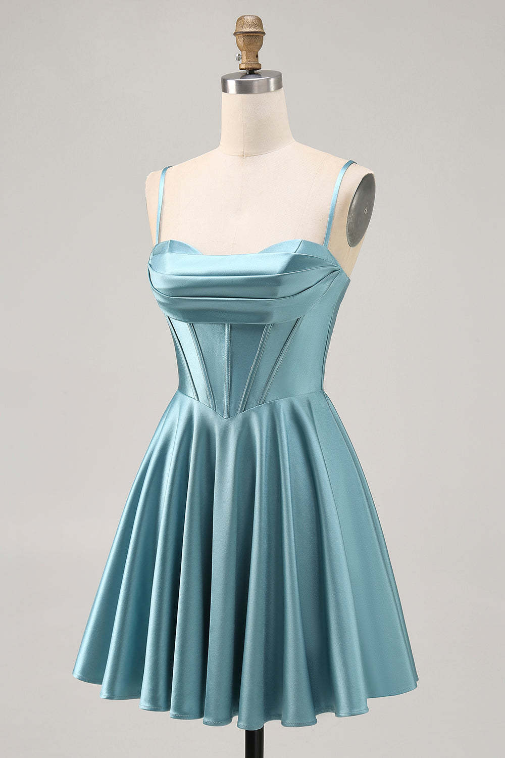 Grey Green A Line Satin Ruched A Line Short Corset Homecoming Dress