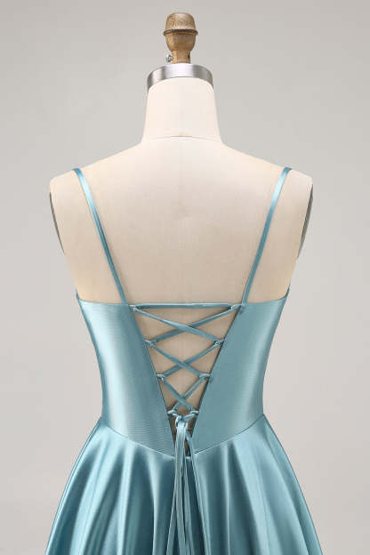Grey Green A Line Satin Ruched A Line Short Corset Homecoming Dress