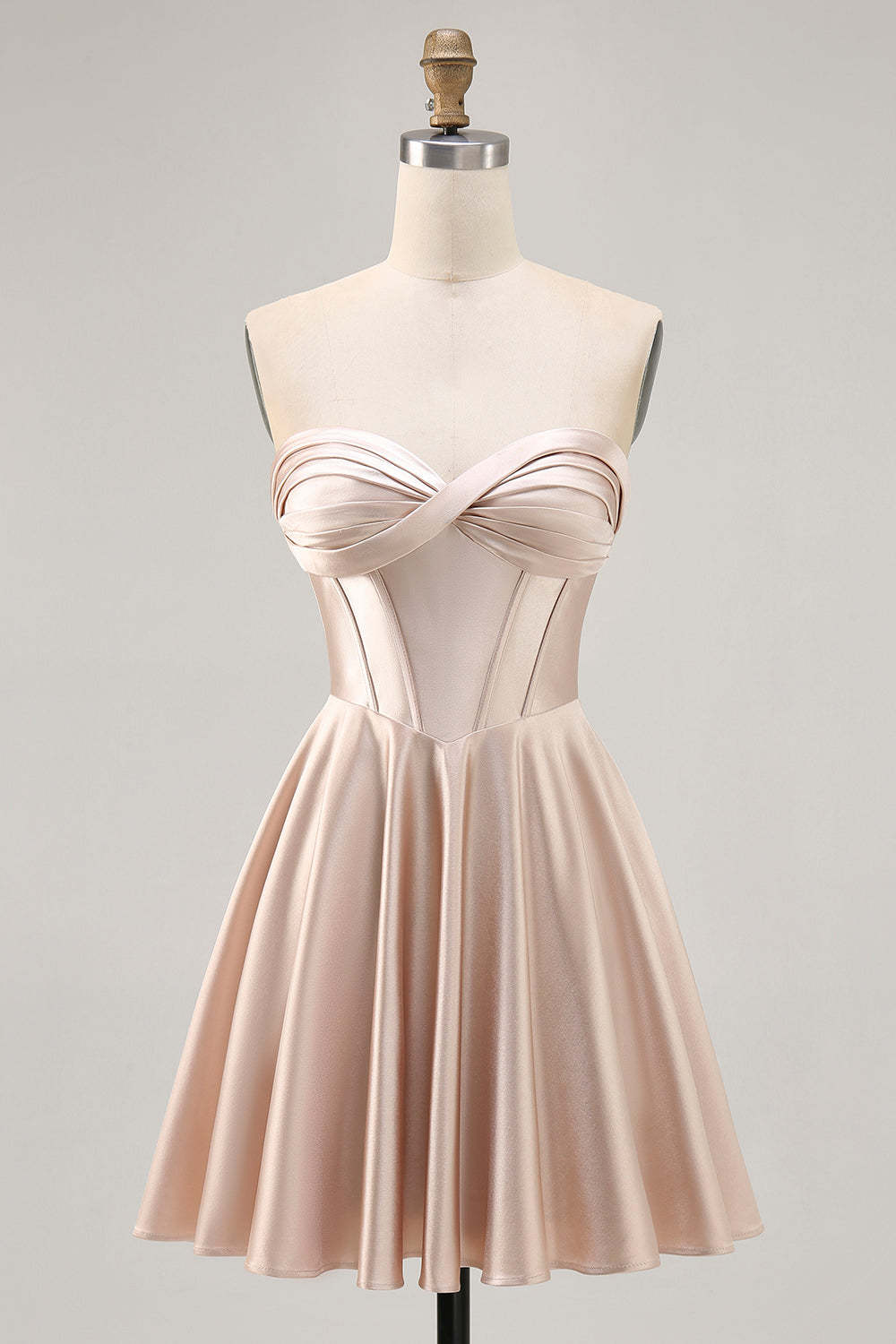 Leely Women Champagne Short Corset Homecoming Dress Sweetheart Satin Ruched A Line Lace Up Back Cocktail Dress