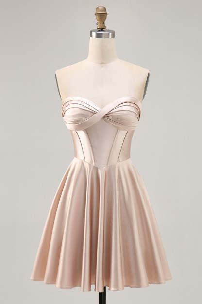 Leely Women Champagne Short Corset Homecoming Dress Sweetheart Satin Ruched A Line Lace Up Back Cocktail Dress