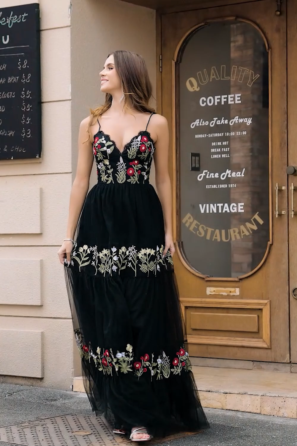 Black A-Line Spaghetti Straps Embroidered Long Corset Prom Dress