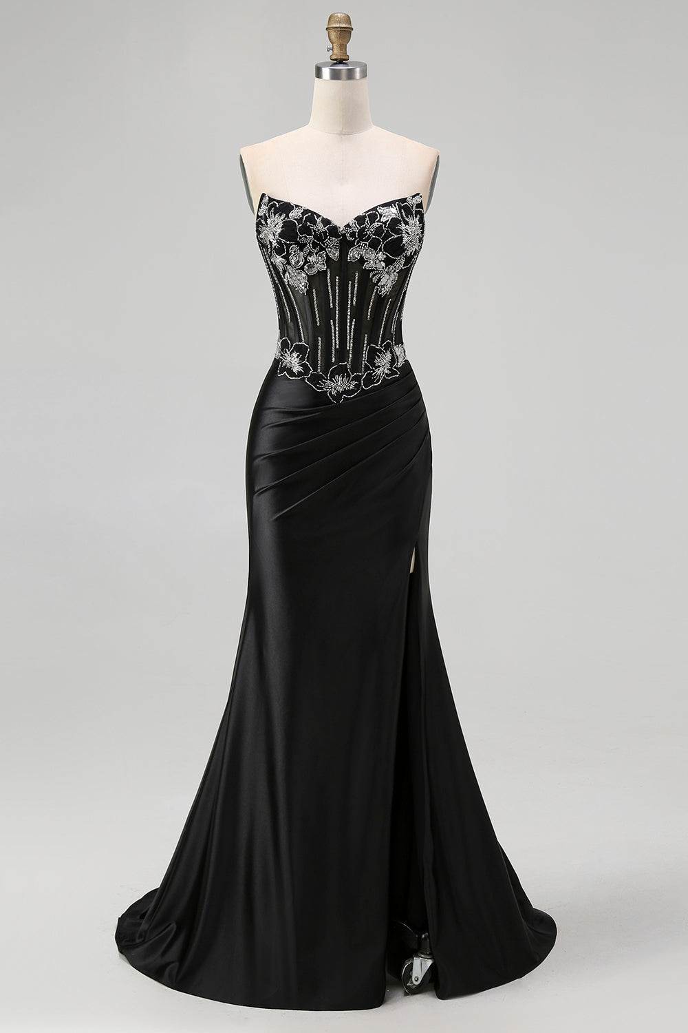 Sparkly Corset Black Mermaid Beaded Long Prom Dress with Slit