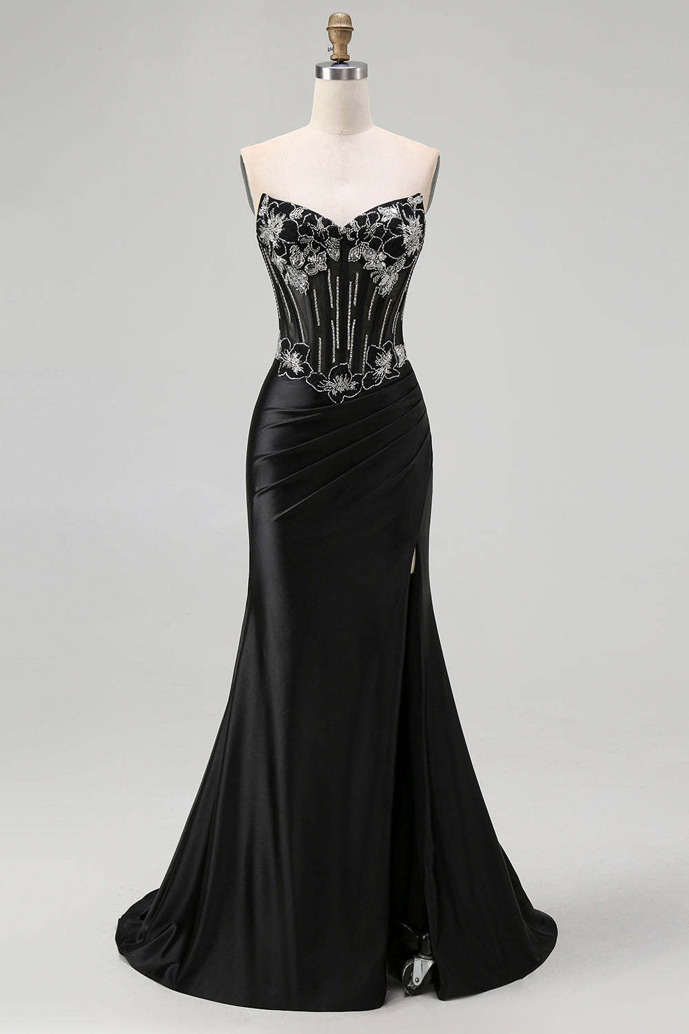 Leely Women Sparkly Corset Black Long Prom Dress with Slit Satin Mermaid Lace Up Back Strapless Black Tie Dress with Beading