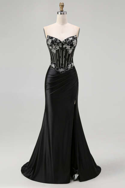 Leely Women Sparkly Corset Black Long Prom Dress with Slit Satin Mermaid Lace Up Back Strapless Black Tie Dress with Beading