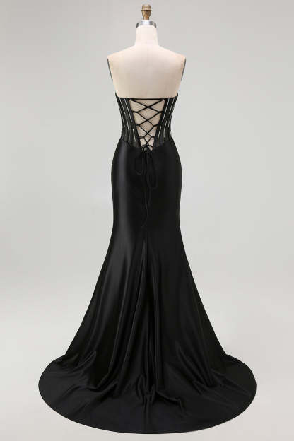 Sparkly Corset Black Mermaid Beaded Long Prom Dress with Slit