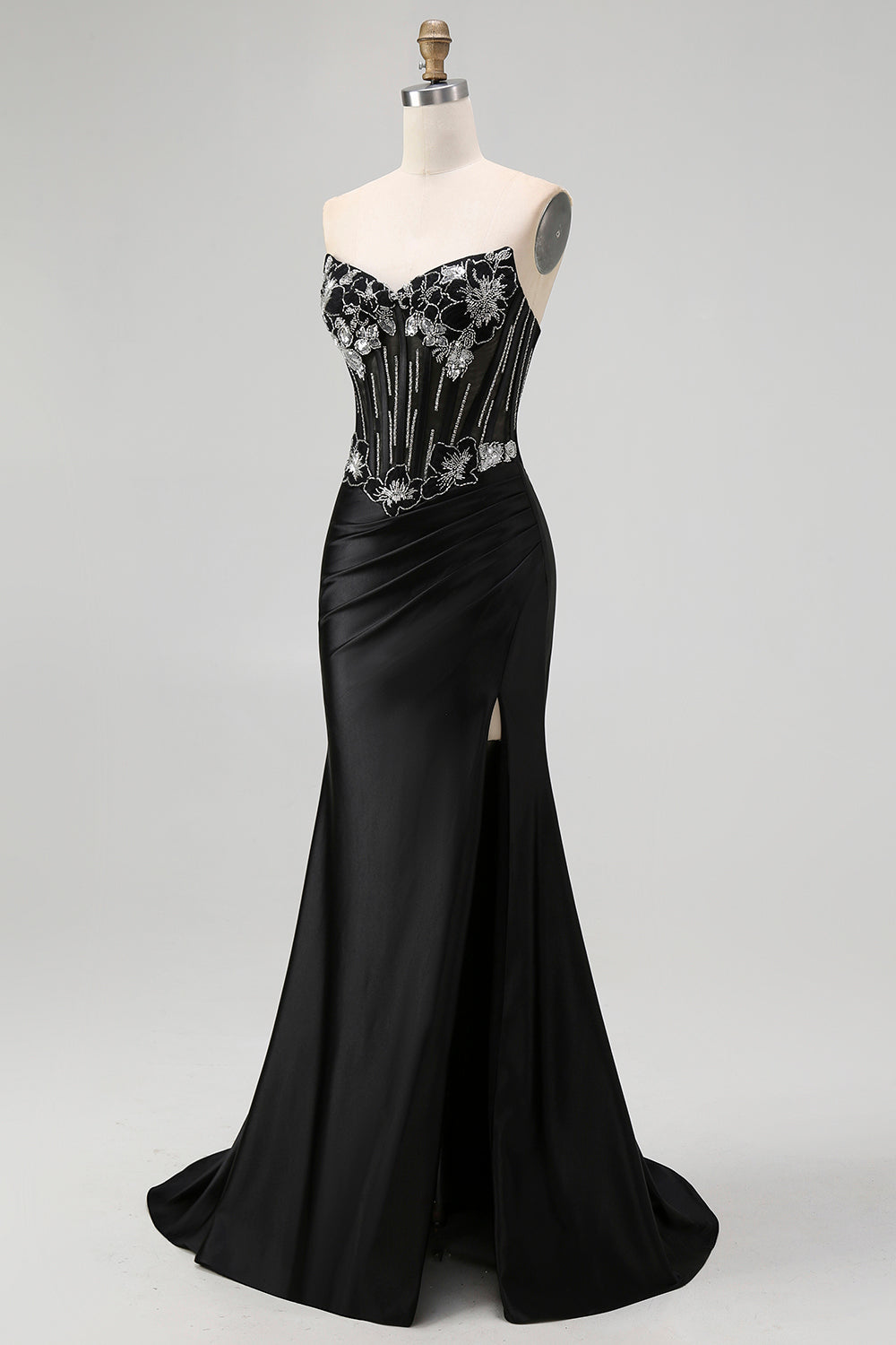 Sparkly Corset Black Mermaid Beaded Long Prom Dress with Slit