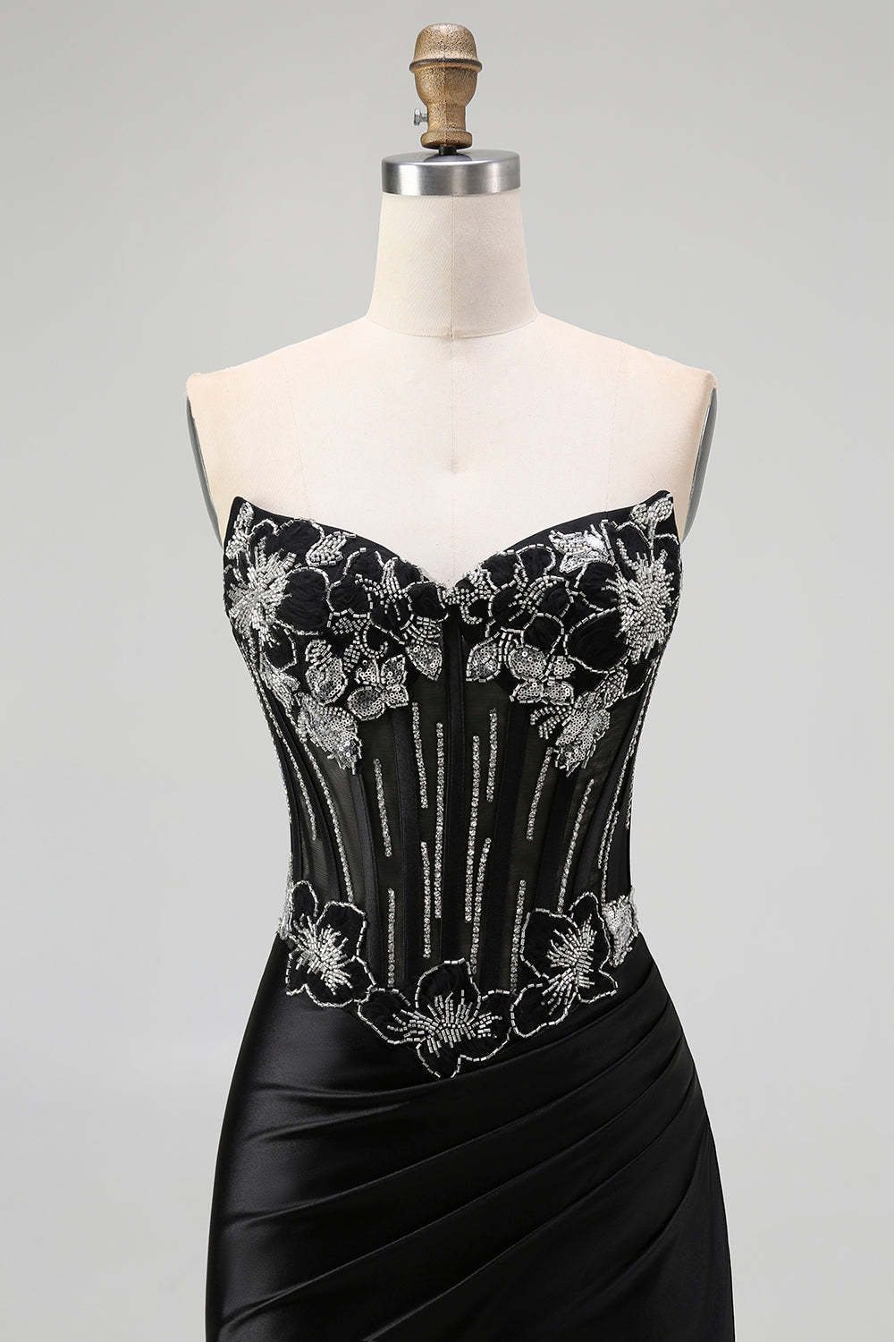 Sparkly Corset Black Mermaid Beaded Long Prom Dress with Slit
