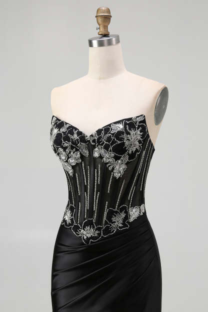 Sparkly Corset Black Mermaid Beaded Long Prom Dress with Slit