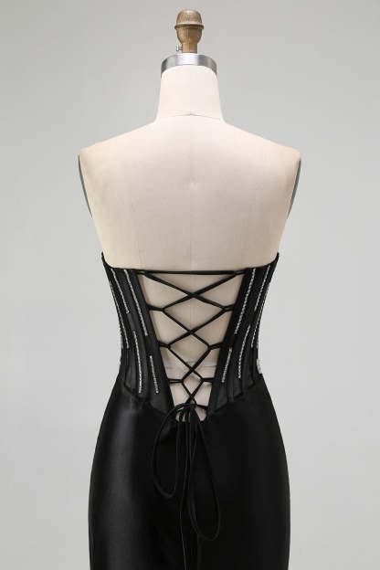 Sparkly Corset Black Mermaid Beaded Long Prom Dress with Slit