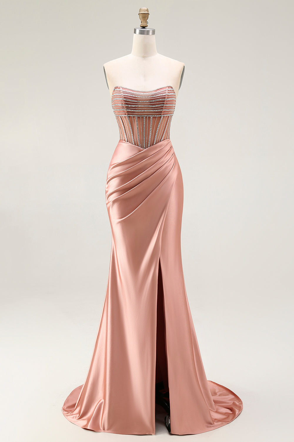 Sparkly Blush Mermaid Strapless Ruched Long Corset Prom Dress with Slit