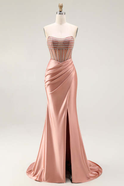 Sparkly Blush Mermaid Strapless Ruched Long Corset Prom Dress with Slit