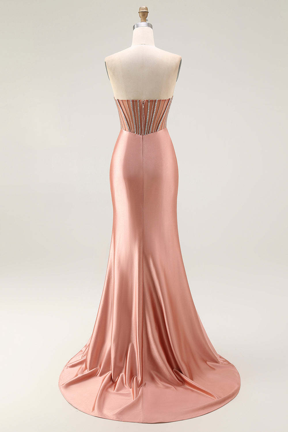 Sparkly Blush Mermaid Strapless Ruched Long Corset Prom Dress with Slit
