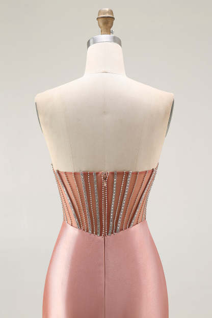 Sparkly Blush Strapless Mermaid Ruched Long Prom Dress with Slit