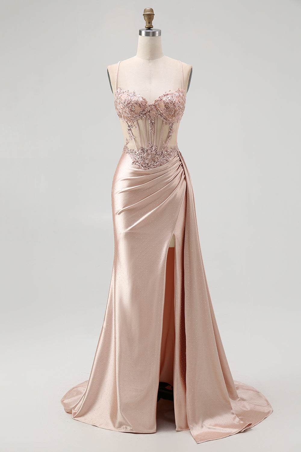 Sparkly Champagne Mermaid Maxi Satin Prom Dress with Beading