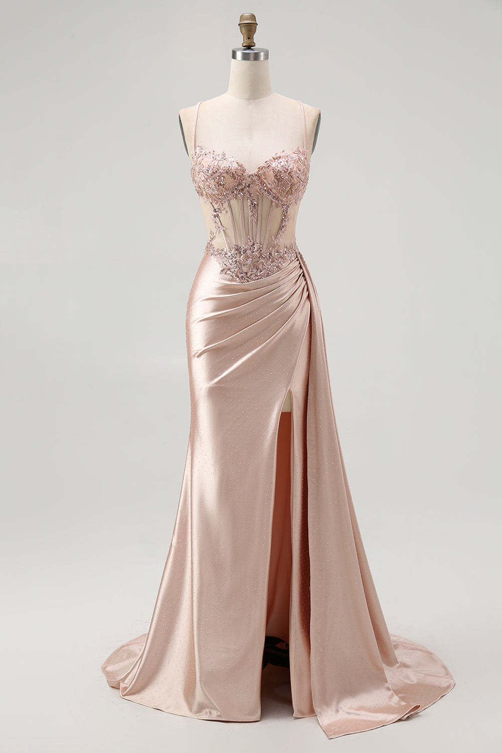 Sparkly Champagne Mermaid Maxi Satin Prom Dress with Beading