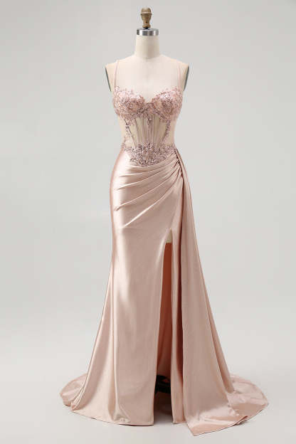 Sparkly Champagne Mermaid Maxi Satin Prom Dress with Beading