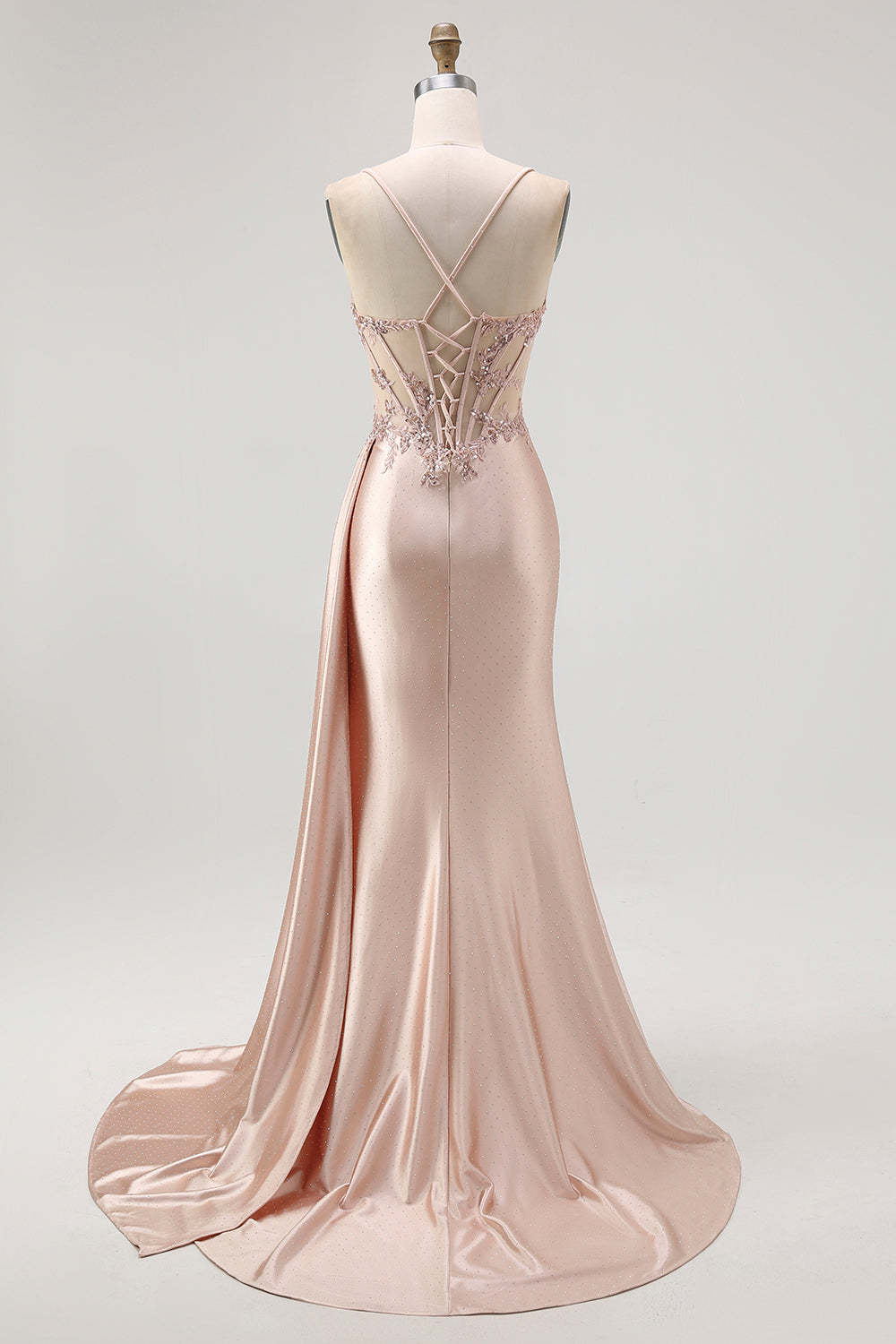 Sparkly Champagne Mermaid Maxi Satin Prom Dress with Beading
