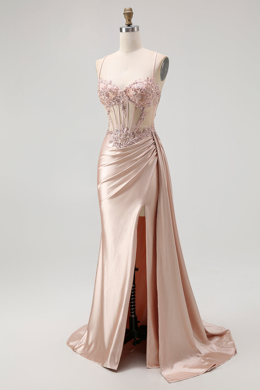 Sparkly Champagne Mermaid Spaghetti Straps Satin Long Prom Dress with Beading