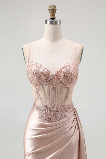 Sparkly Champagne Mermaid Spaghetti Straps Satin Long Prom Dress with Beading