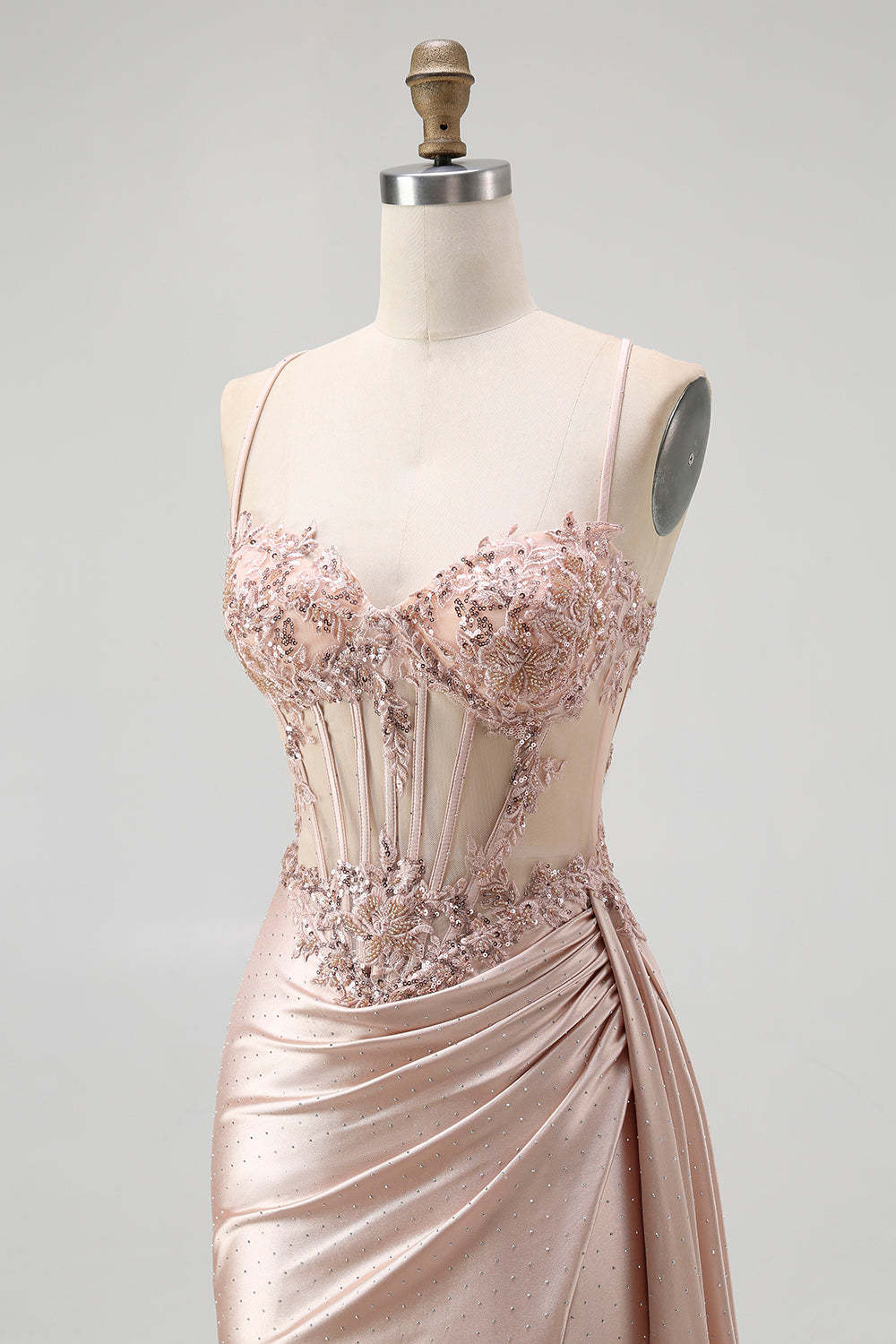 Sparkly Champagne Mermaid Spaghetti Straps Satin Long Prom Dress with Beading