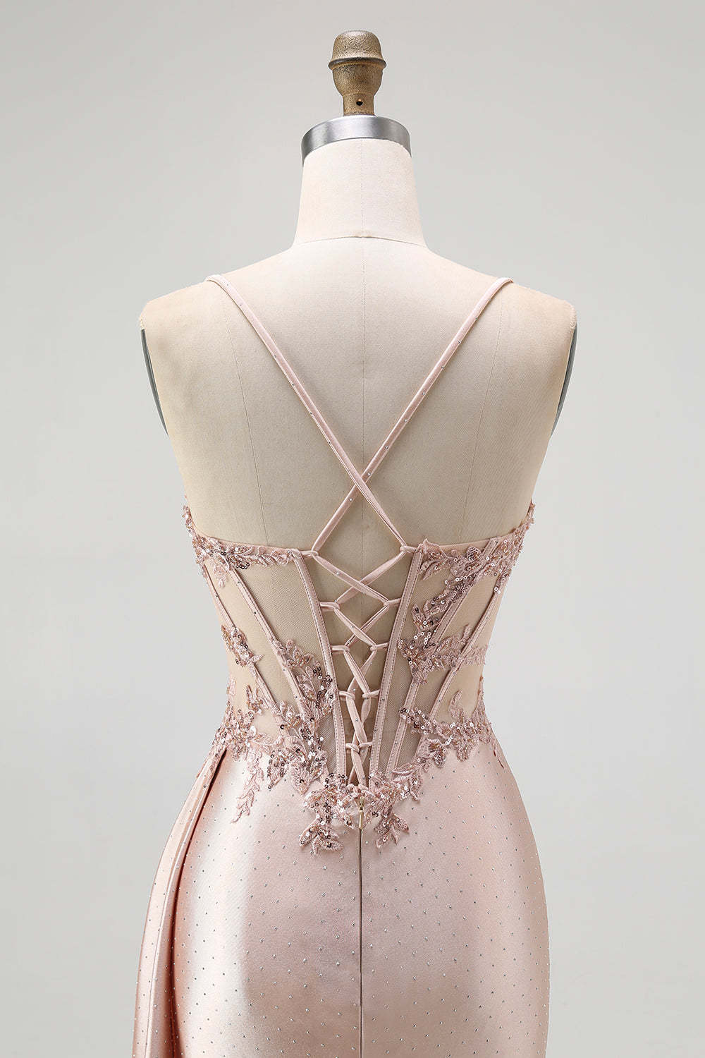 Sparkly Champagne Mermaid Spaghetti Straps Satin Long Prom Dress with Beading