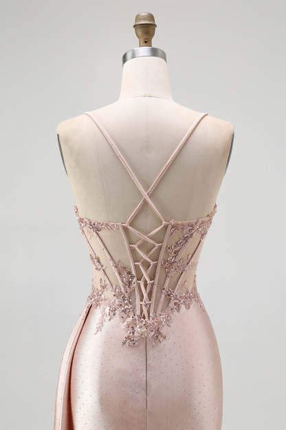 Sparkly Champagne Mermaid Spaghetti Straps Satin Long Prom Dress with Beading
