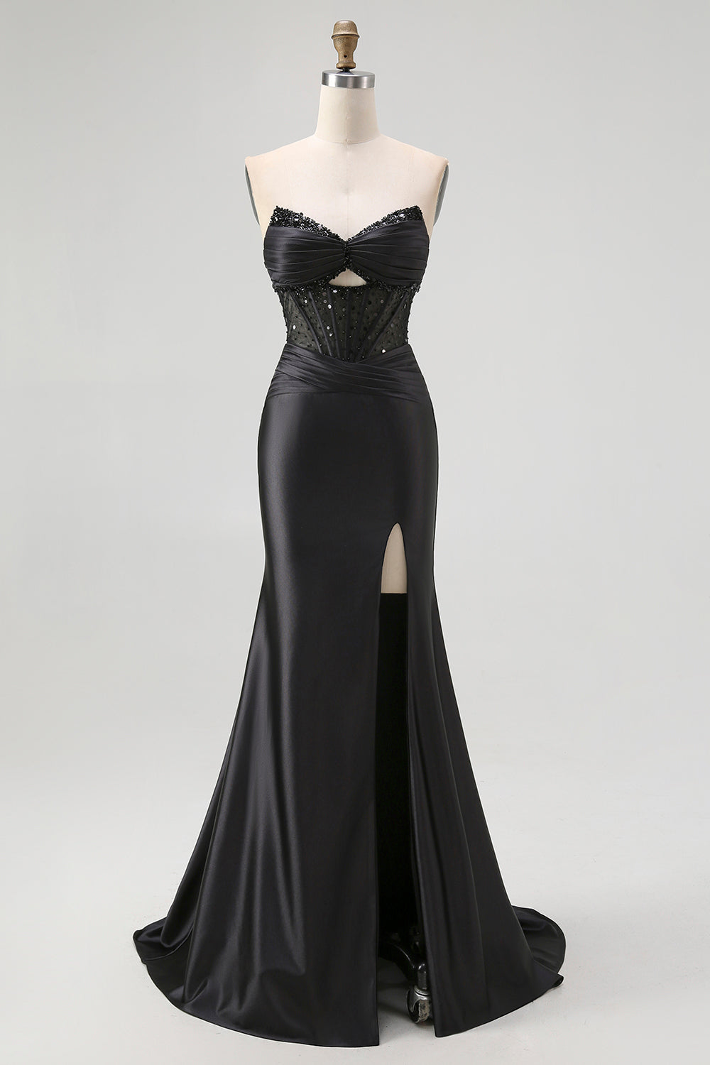 Leely Women Black Satin Mermaid Long Prom Dress with Beading Sweetheart Corset Evening Dress with Slit