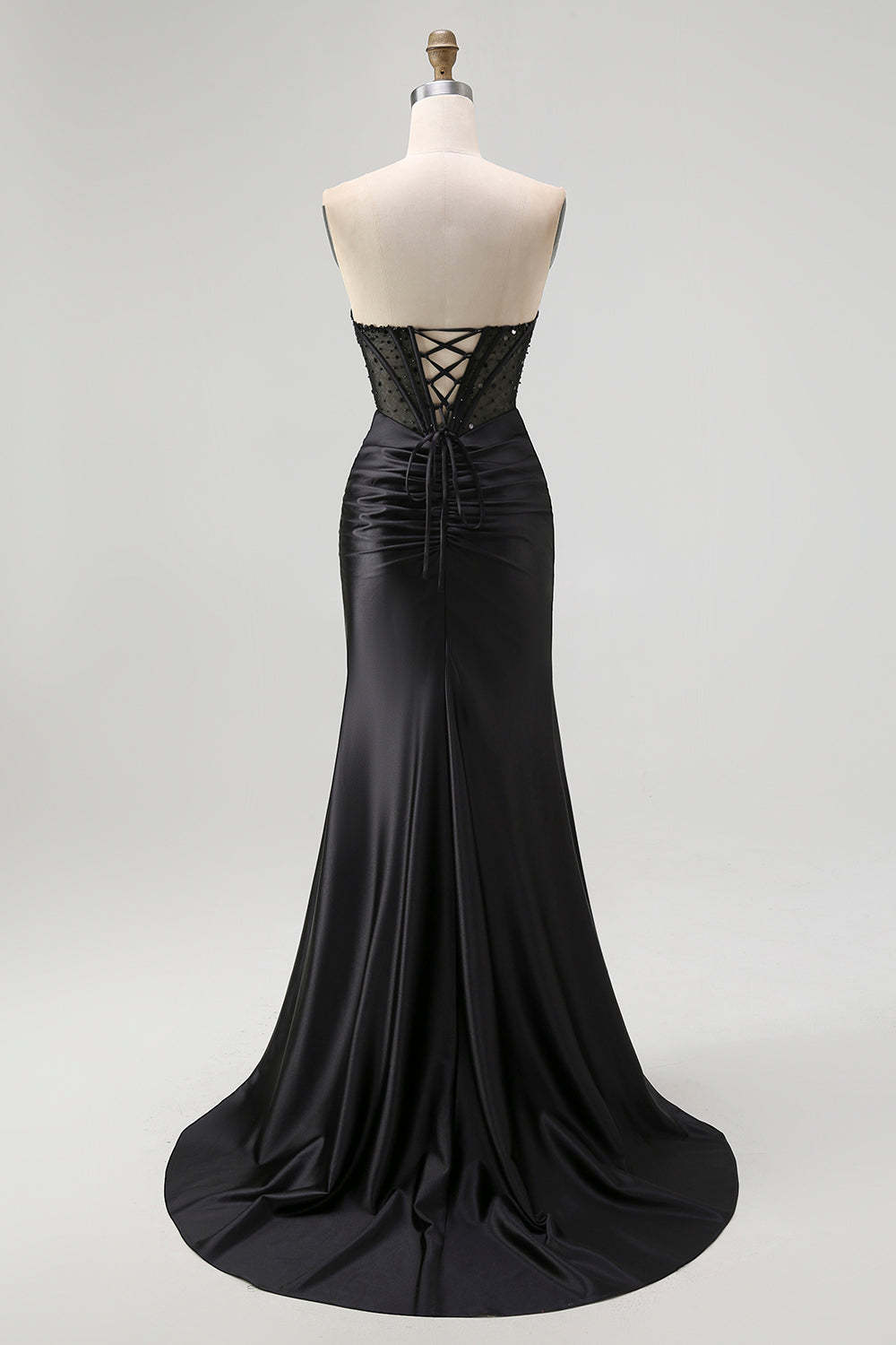 Black Sweetheart Satin Mermaid Long Corset Prom Dress with Beading