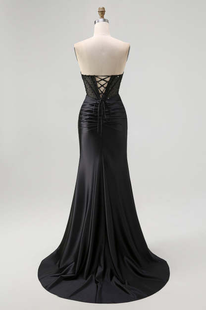 Black Sweetheart Satin Mermaid Long Corset Prom Dress with Beading