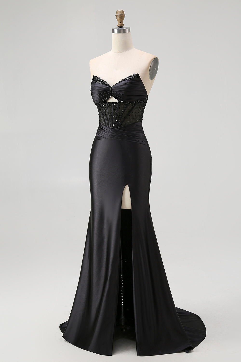 Black Sweetheart Satin Mermaid Long Corset Prom Dress with Beading