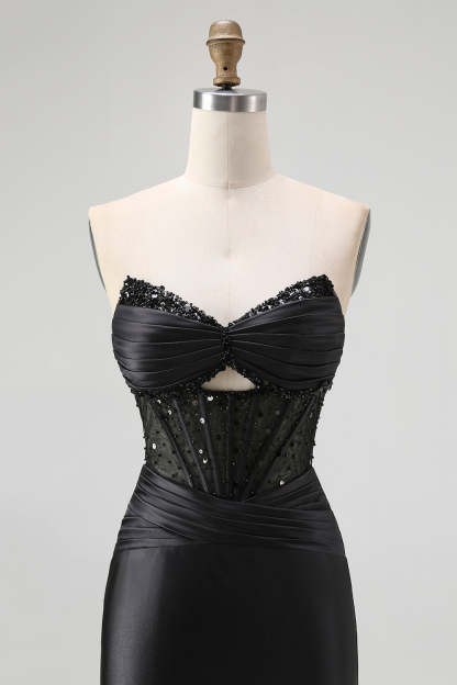 Black Sweetheart Satin Mermaid Long Corset Prom Dress with Beading