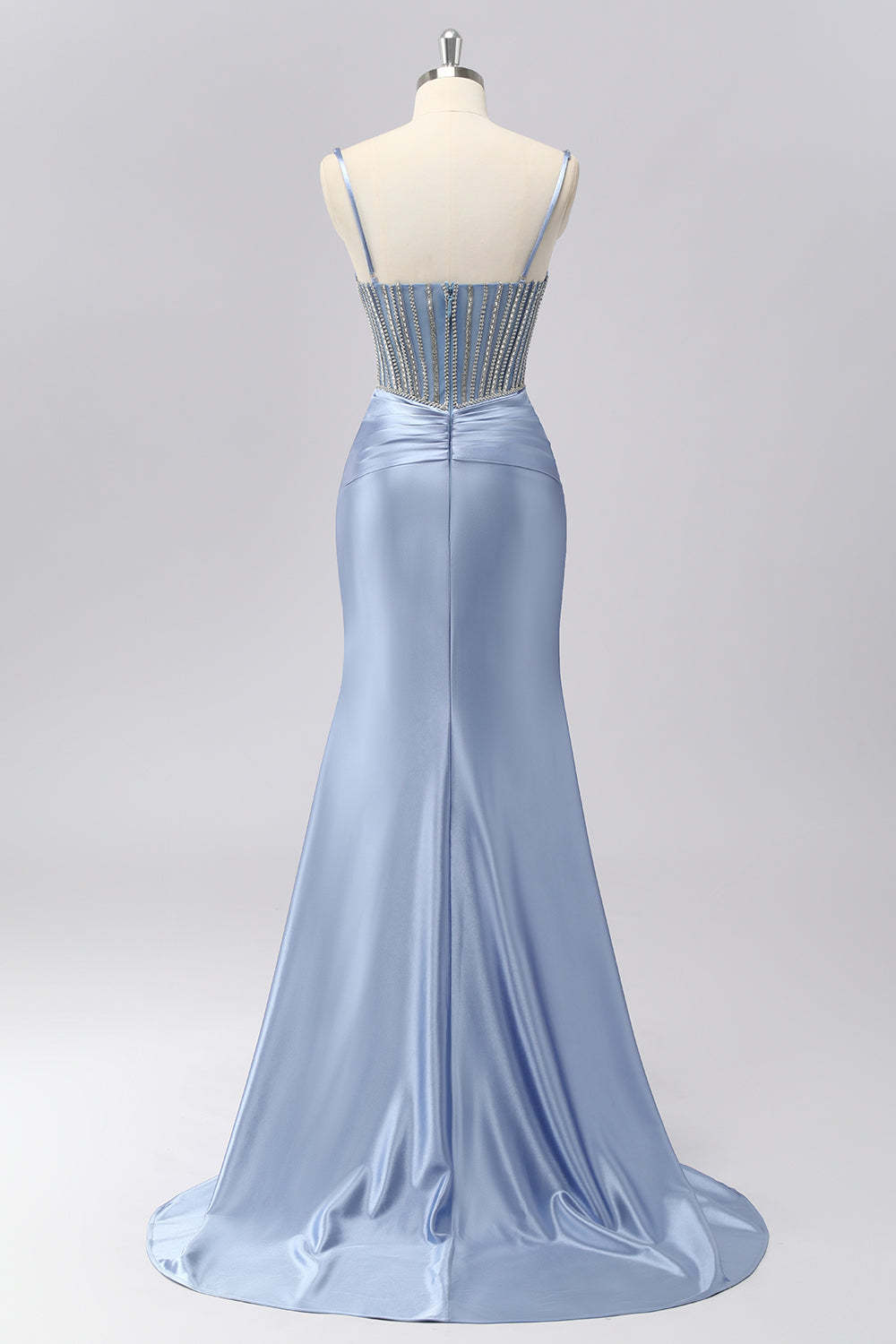 Grey Blue Spaghetti Straps Maxi Mermaid Prom Dress with Beading
