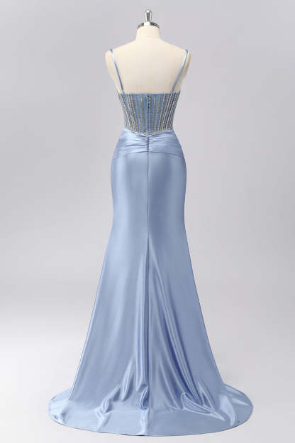 Grey Blue Spaghetti Straps Maxi Mermaid Prom Dress with Beading