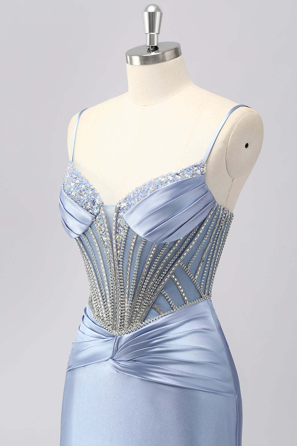 Grey Blue Mermaid Spaghetti Straps Sparkly Maxi Prom Dress with Beading