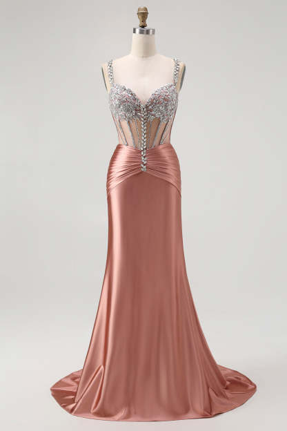 Sparkly Blush Corset Mermaid Satin Long Prom Dress