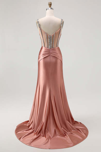 Sparkly Blush Corset Mermaid Satin Long Prom Dress
