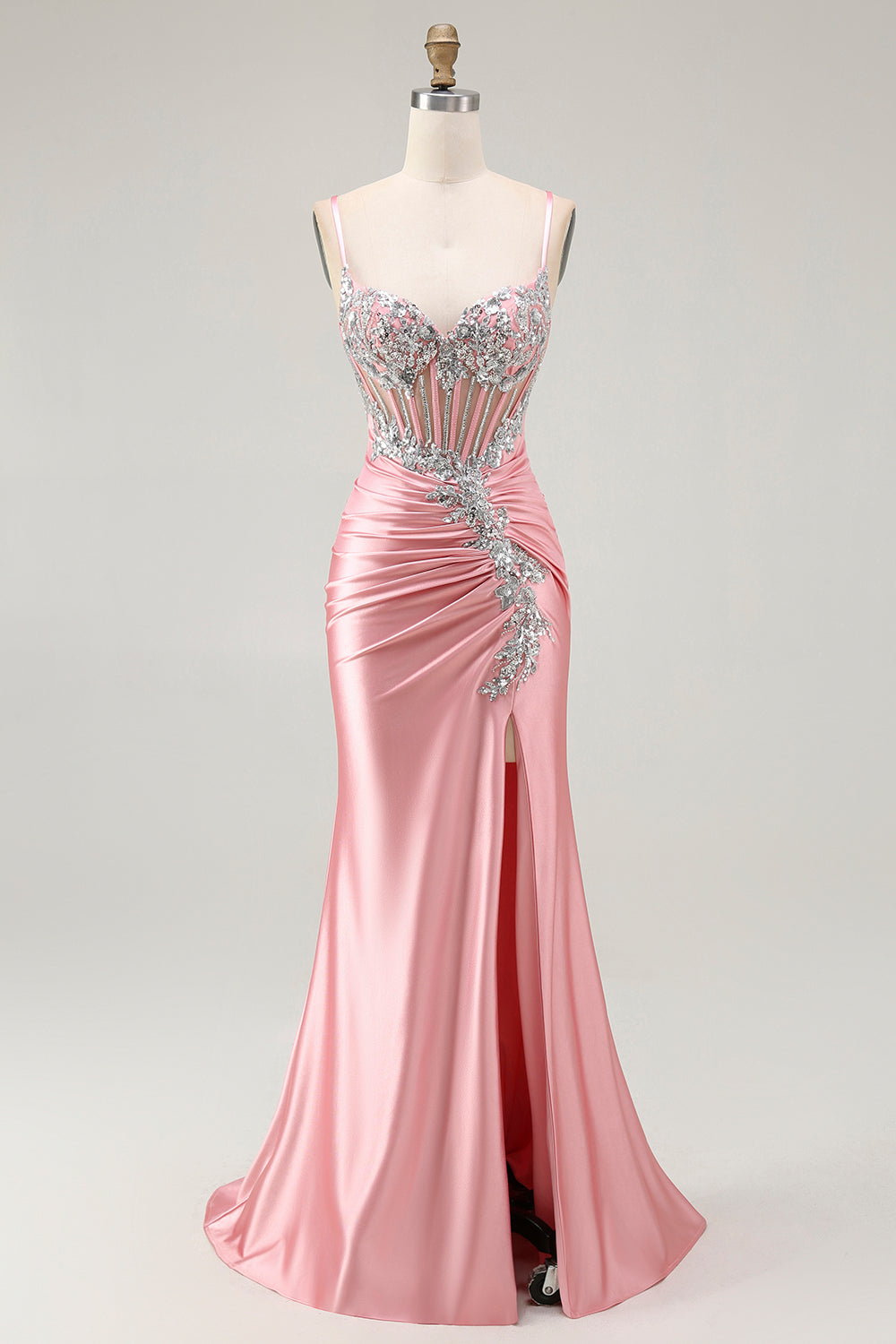 Sparkly Blush Corset Mermaid Sequins Maxi Prom Dress with Slit