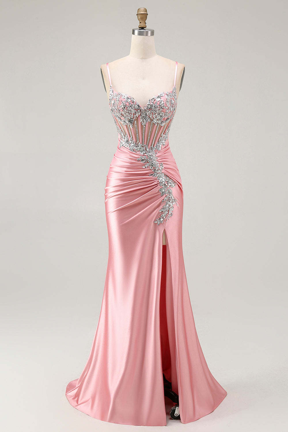 Sparkly Blush Corset Mermaid Ruched Maxi Prom Dress with Sequins